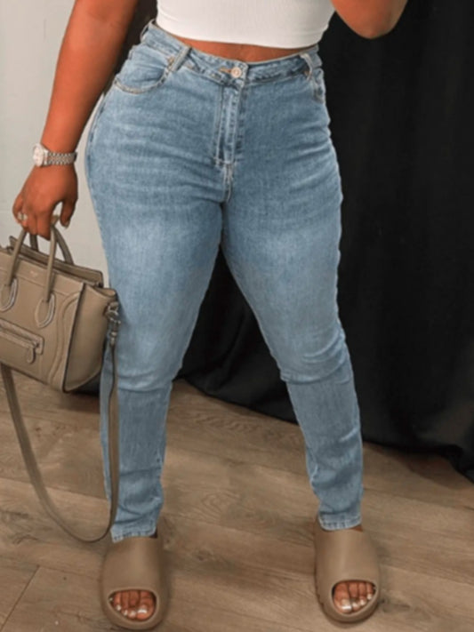 Mid Waist Cut Out Stretchy Jeans
