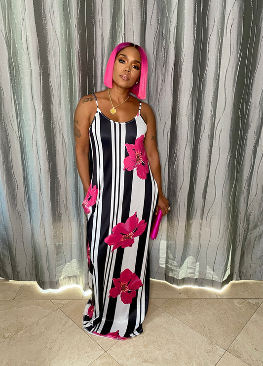 Casual U Neck Striped+Floral Printed Pink Blending Floor Length Dress