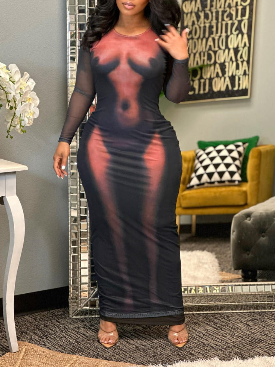 Round Neck Body Print Bodycon Dress