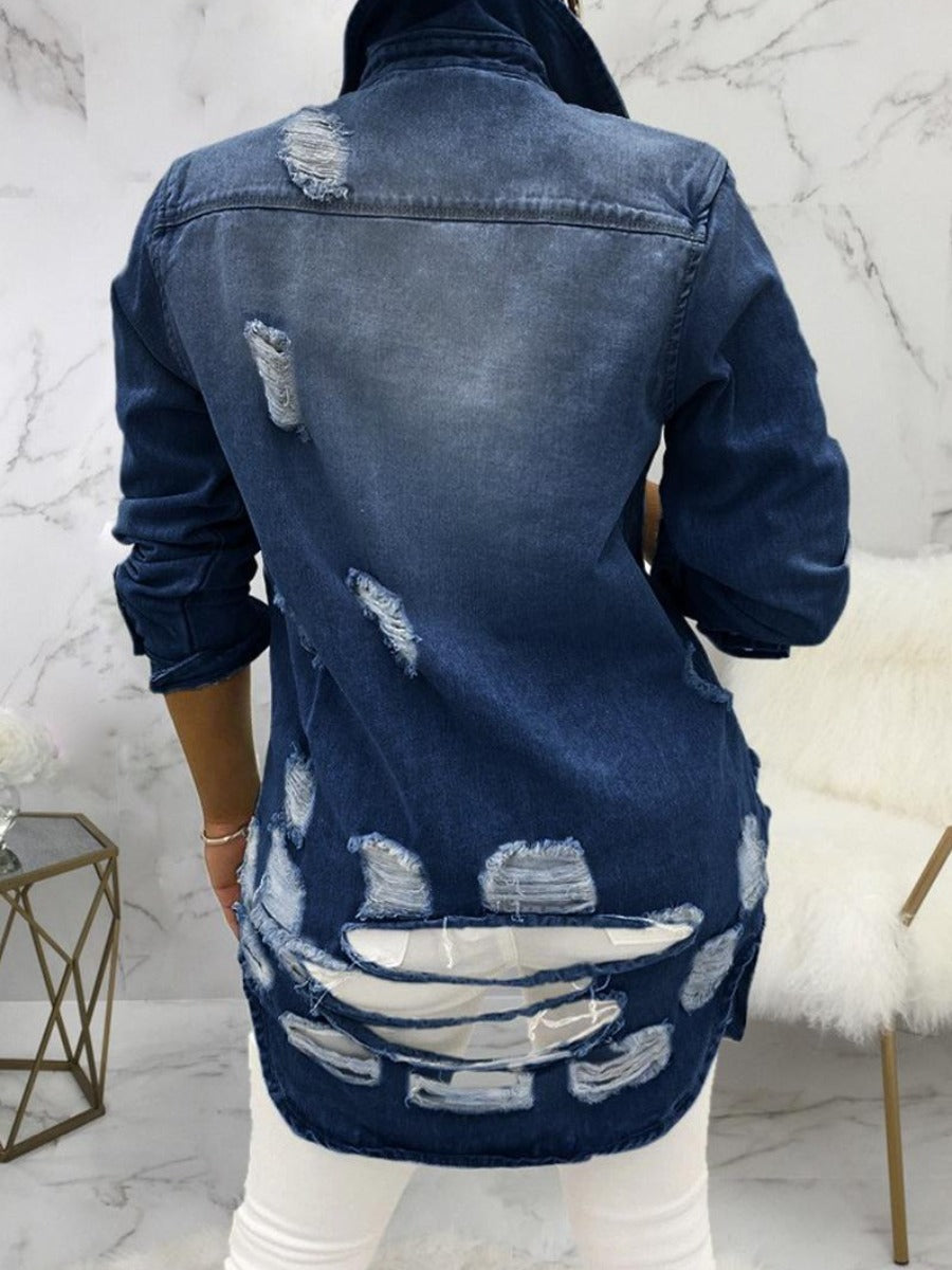 Turndown Collar Ripped Denim Jacket