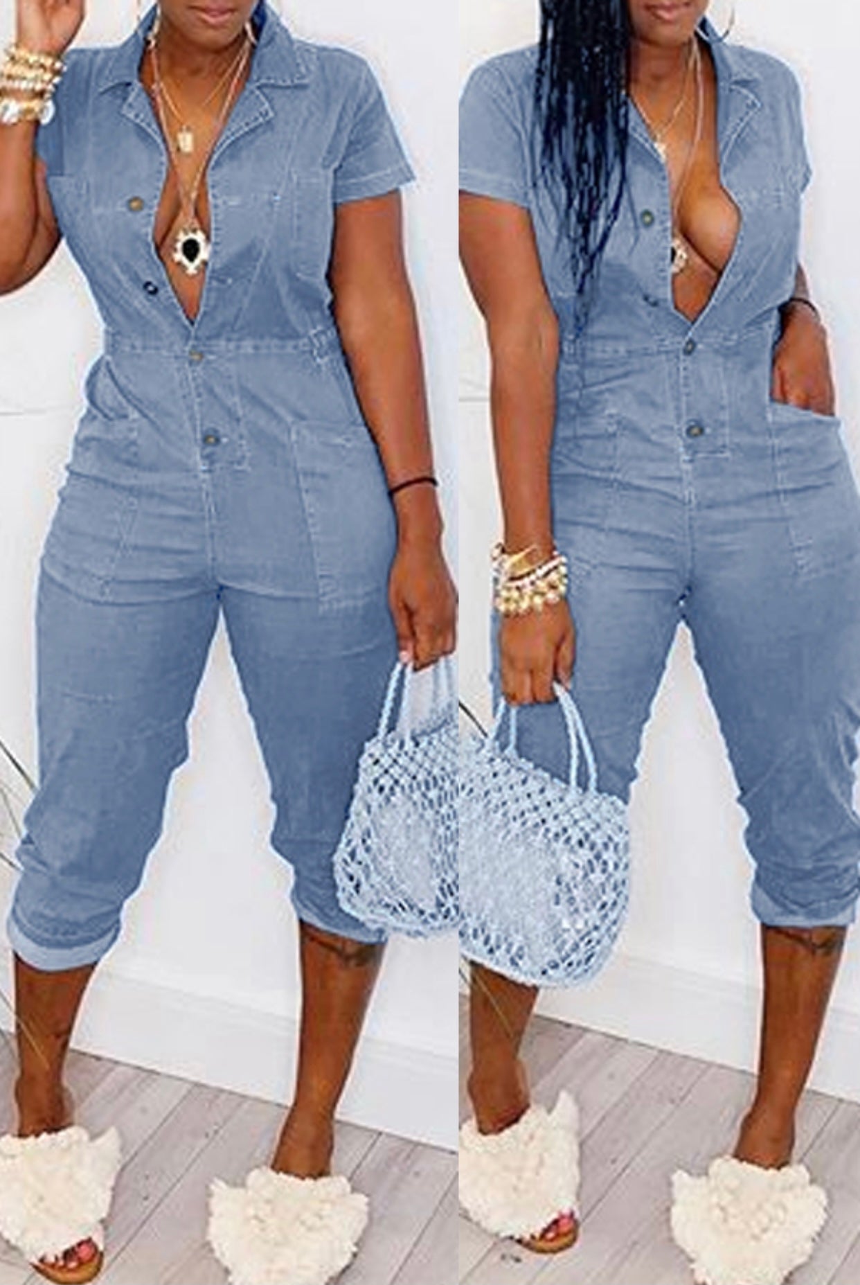 Leisure Buttons Design Blue One-Piece Jumpsuit