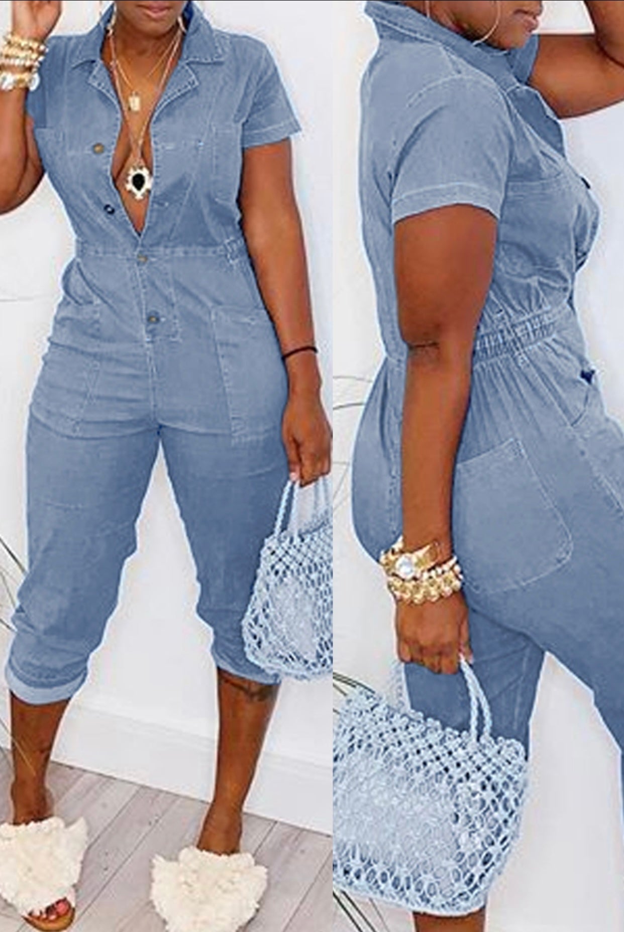 Leisure Buttons Design Blue One-Piece Jumpsuit