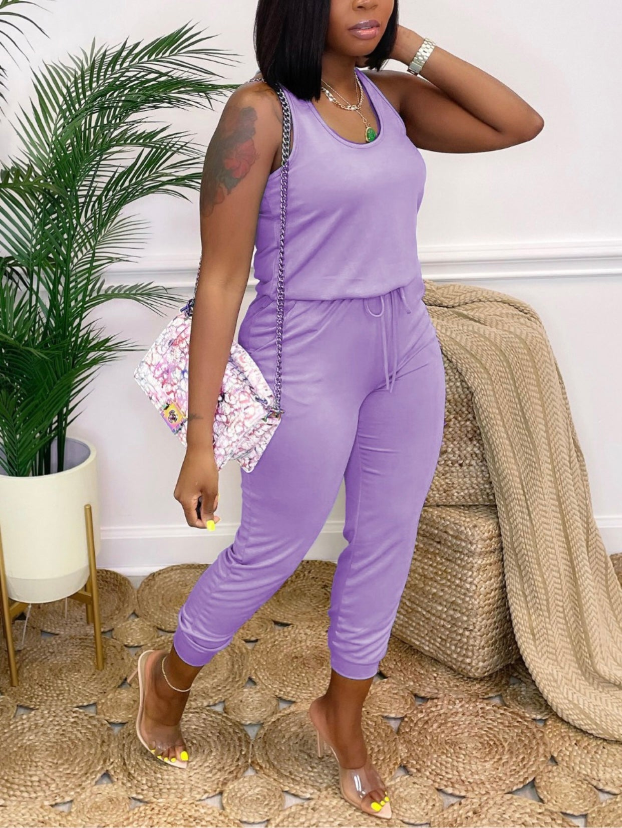 Basic Casual U Neck Drawstring Purple One Piece Jumpsuit